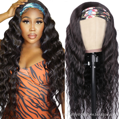 HLN Long loose deep wave Human Hair Half Wig With Scarf Headband Hair Cuticle Aligned Headband Wig